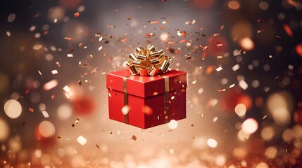 Sticker - gift box with golden confetti. Abstract luxury red background. Generative AI.