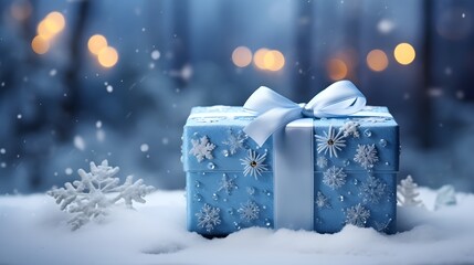 Sticker - present gift box on the snow, winter background. Generative AI.