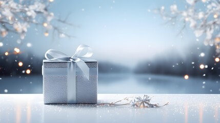 Wall Mural - present gift box on the snow, winter background. Generative AI.