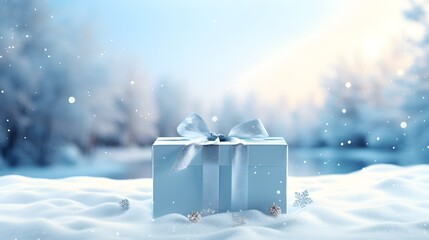 Sticker - present gift box on the snow, winter background. Generative AI.