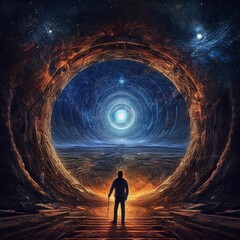 Canvas Print - AI-generated illustration of a person standing in front of an illuminated portal.