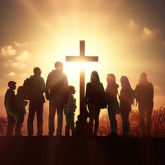 silhouette, family and christian cross at sunset for praying, religion and funeral social gathering,