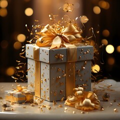 Sticker - present gift box with golden confetti. Abstract luxury dark background. Copy space. Generative AI.