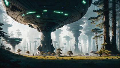 Wall Mural - Star constructions in the middle of a forest on an unknown planet. Colorful lights, trees.