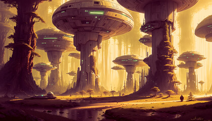 Wall Mural - Star constructions in the middle of a forest on an unknown planet. Colorful lights, trees.