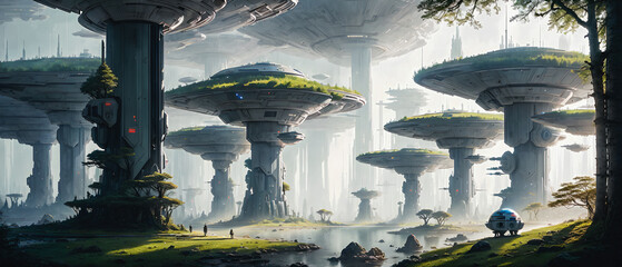 Wall Mural - Star constructions in the middle of a forest on an unknown planet. Colorful lights, trees.