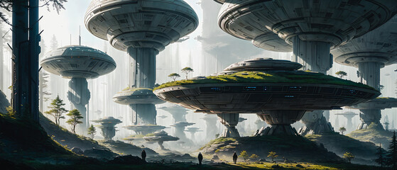 Wall Mural - Star constructions in the middle of a forest on an unknown planet. Colorful lights, trees.