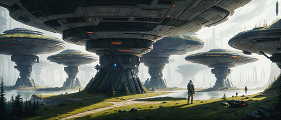 Wall Mural - Star constructions in the middle of a forest on an unknown planet. Colorful lights, trees.