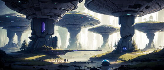 Wall Mural - Star constructions in the middle of a forest on an unknown planet. Colorful lights, trees.
