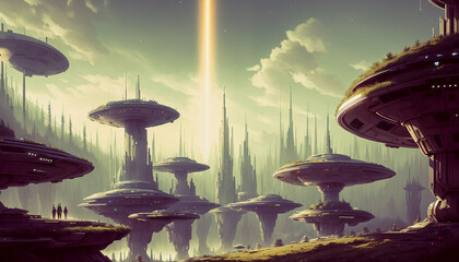 Wall Mural - Star constructions in the middle of a forest on an unknown planet. Colorful lights, trees.