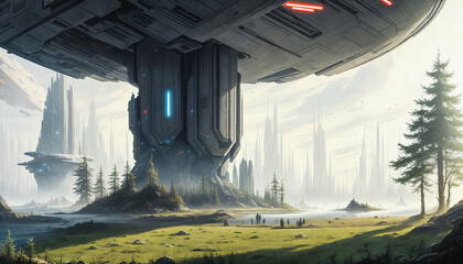 Wall Mural - Star constructions in the middle of a forest on an unknown planet. Colorful lights, trees.