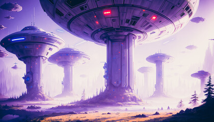Wall Mural - Star constructions in the middle of a forest on an unknown planet. Colorful lights, trees.