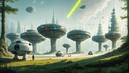 Wall Mural - Star constructions in the middle of a forest on an unknown planet. Colorful lights, trees.