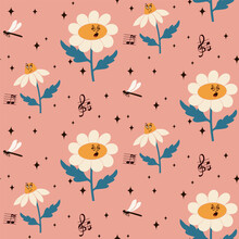 Cartoon Floral Seamless Pattern In Retro Style. Flat Chamomiles Or Daisies With Musical Notes And Dragonflies On Pink Background. Perfect For Decoration, Background, Kids Textile, Wrapping Paper