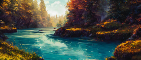 Canvas Print - Paintinf of forest with a river. Generative AI.