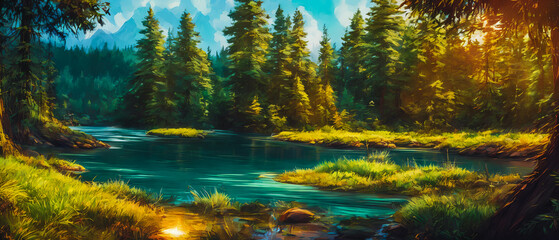 Poster - Paintinf of forest with a river. Generative AI.