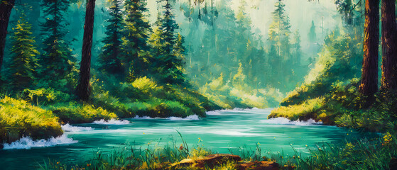 Canvas Print - Paintinf of forest with a river. Generative AI.