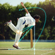 © Jacobs A/peopleimages.com - Cricket bowling, man and field on grass with overlay, science and mechanics for speed, sport and technique for contest. Indian guy, mathematics or vision for holographic analytics for balance in game