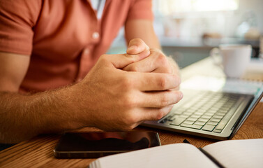 Poster - Man hands, laptop and book for remote work, planning or research in the kitchen. Businessperson, working or entrepreneur with a notebook and computer at a table in the morning in a house