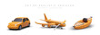 Set of realistic vehicles. Travel by land, air, water. Personal and public transport. 3D orange car, plane, kayak. Isolated vector illustration with shadows on white background