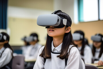 Asian girl, VR headset, game center backdrop. Pro camera captures her immersive experience. ISO adjusted for optimal exposure. Generative AI.