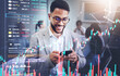 © aLListar/peopleimages.com - Phone, overlay and business man with stock market, data growth and graphs, charts or financial statistics in office. Professional person reading on mobile app, trading stats and profit or investment