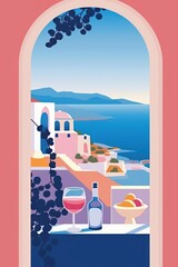 Pink and rose wine with a view of an open window and a view of the ocean