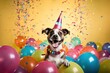 Playful dog wearing a party hat, surrounded by colorful balloons, celebrating birthday