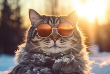 Cute Cat Wearing Glasses In The Snow With Beautiful Sunset. Generative Ai