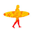 Logo club de surf. Silueta de mujer andando con tabla de surf con plantas tropicales
