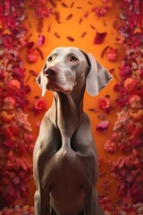 Sticker - AI generated illustration of a Weimaraner retriever standin in front of a backdrop of flowers