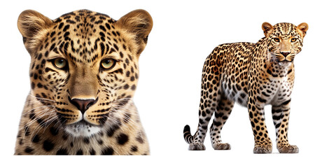 Wall Mural - leopard face shot and full view isolated on transparent png background cutout, generative ai