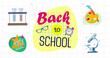 Image of back to school text and school items icons over white background