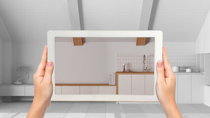 Wall Mural - augmented reality concept. hand holding tablet with ar application used to simulate furniture and de