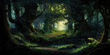 Fototapeta Las - Beautiful forest background banner backdrop fantasy pathway trees, generated ai
