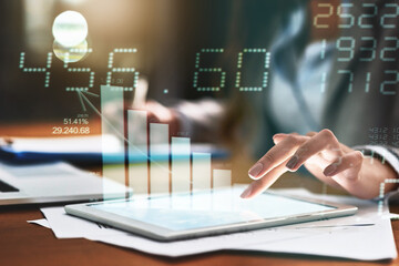 Aufkleber - Finance, overlay and hand with a tablet at night for stats, research or communication at a desk. Digital, overtime and an accountant typing on technology with data, charts and cgi numbers in the dark
