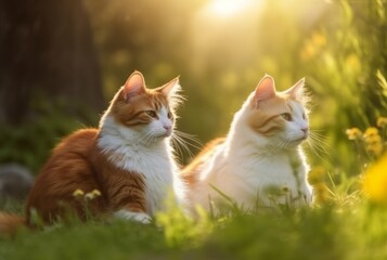 Two cute cats on green grass with blurred background of early morning sun