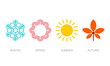 © FourLeafLover - Four seasons icon set. 4 Vector graphic element illustrations representing winter, spring, summer, autumn. Snowflake, flower, sun and maple leaf