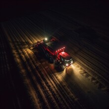 Aerial View Of Tractors On Gold Fields Harvesting At Night With Lights. Generative Ai.