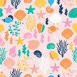 © bubble86 - Seamless sea pattern with colorful corals, seashells and star fishes.