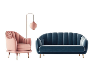 Wall Mural - Pink armchair, blue sofa set art deco style. set of decor items furniture isolated on transparent or white background