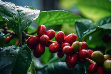 Closeup, Gayo And Coffee Beans On Green Leaf In Farm, Agriculture Land And Farming Estate For Service Industry, Import And Cultivation. Ai Generated, Growth And Caffeine Plants For Produce Harvest