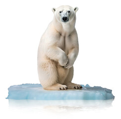 sad polar bear standing on a thin melting ice in cause of climate change effect, isolated background