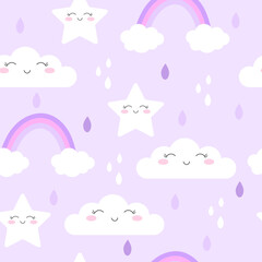 Wall Mural - Seamless pattern background with cute clouds and stars with rainbow. Vector illustration for summer background, wallpaper, pajamas and baby textile.
