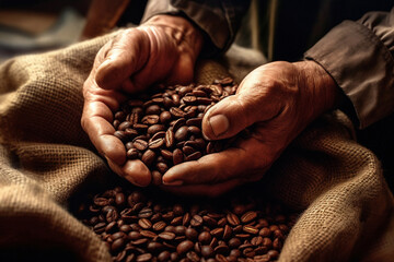closeup, hands and person holding coffee beans from farming, agriculture and environment harvest bag