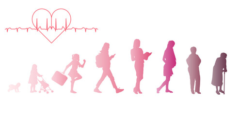 Women, stages of development. Silhouettes painted with a gradient. Life from birth to old age.