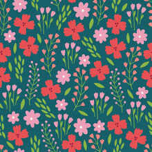 Floral Seamless Pattern With Meadow Flowers, Berries, Leaves And Branches