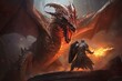 illustration AI de fantaisie, guerrier avec épée et bouclier combat un dragon rouge, décor fantastique