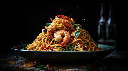 Close up Prawn Pasta on a ceramic plate with a blurred background