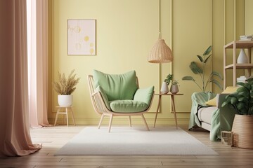 Sticker - In a light green living room, a light yellow chair. minimalist design idea style of pastel colors. Generative AI